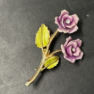 Vintage Double Gold Toned Rose Brooch Rhinestone Centers and Enameled Leaves